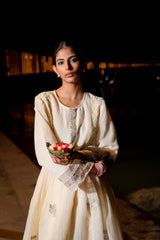 Cream Anarkali Kurti with Embroidered Details & Honeycomb Pleating