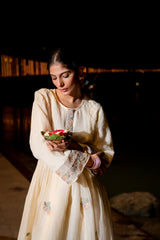 Cream Anarkali Kurti with Embroidered Details & Honeycomb Pleating