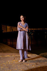 Lavender Holographic Kurta Set with Pleats & Pintex Detailing