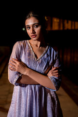 Lavender Holographic Kurta Set with Pleats & Pintex Detailing