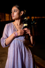 Lavender Holographic Kurta Set with Pleats & Pintex Detailing