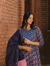 TARA - FLORAL PRINT PURE COTTON A-LINE KURTA SET WITH MULMUL DUPATTA AND INTRICATE EMBROIDERY WORK
