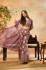 Dark Lilac Muslin Foil Print Crop Top, Palazzo & Shrug Set