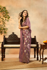 Dark Lilac Muslin Foil Print Crop Top, Palazzo & Shrug Set