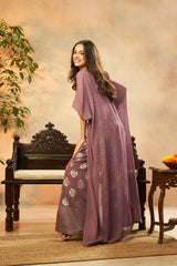 Dark Lilac Muslin Foil Print Crop Top, Palazzo & Shrug Set