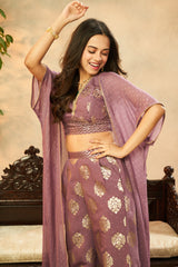 Dark Lilac Muslin Foil Print Crop Top, Palazzo & Shrug Set