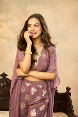 Dark Lilac Muslin Foil Print Crop Top, Palazzo & Shrug Set