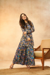 Royal Blue Pure Chinon Hand-Embroidered Kurta & Palazzo Set