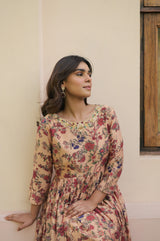 Floral Printed Muslin Gown with Embroidered Neckline