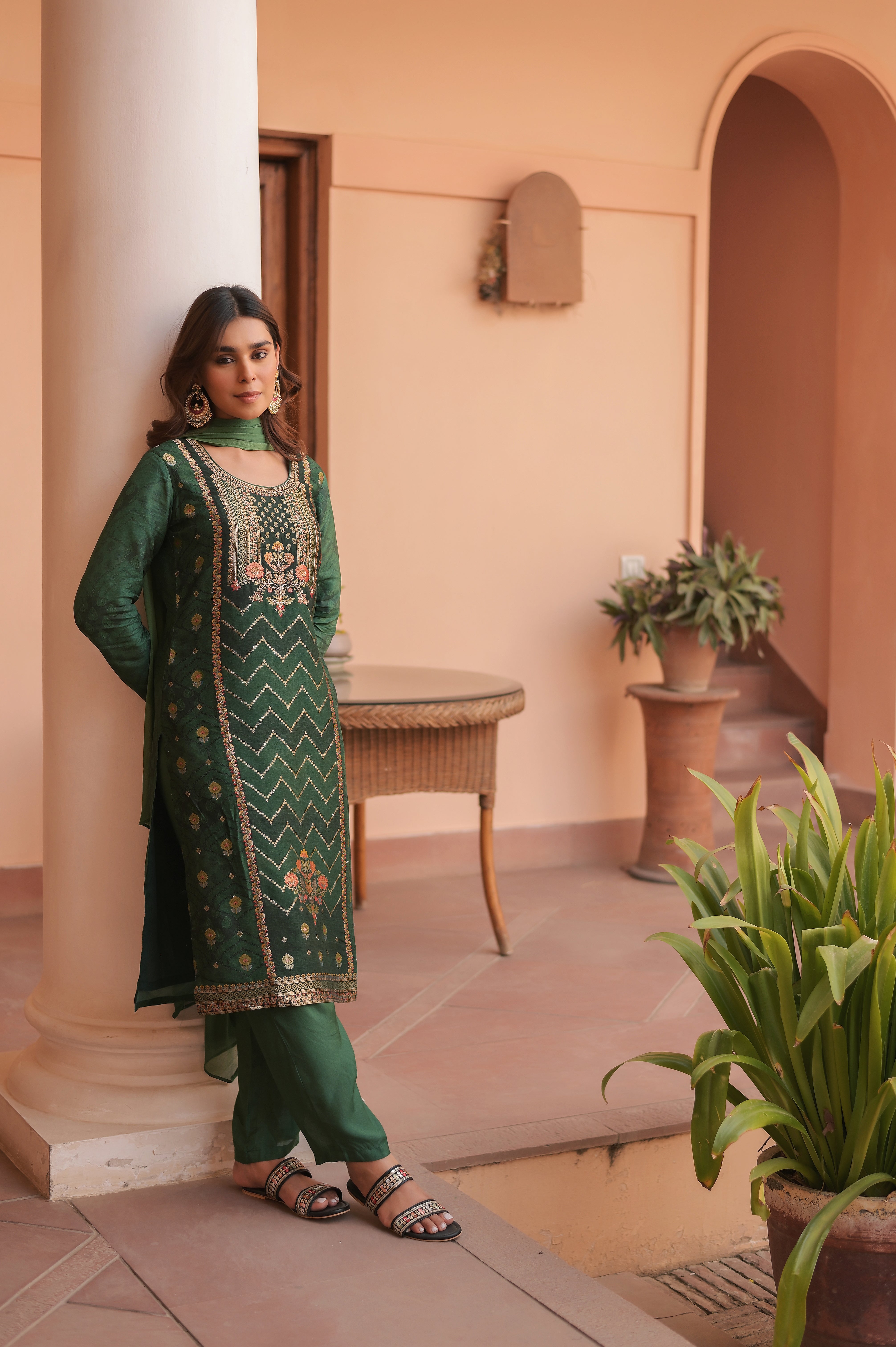 Emerald Green & Magenta Banarasi Layered Kurta Set with Dupatta