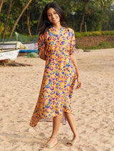 Mustard Print Cotton Blend A-Line With Up-Down Hem Midi Dress