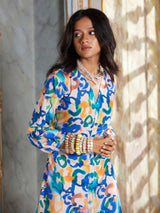 Multicolor Print Cotton Blend A-Line Midi Dress