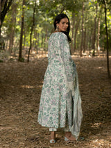 PRAKRITI - FLORAL PRINT PURE COTTON ANARKALI KURTA SET WITH MULMUL DUPATTA AND INTRICATE EMBROIDERY WORK