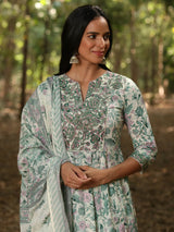 PRAKRITI - FLORAL PRINT PURE COTTON ANARKALI KURTA SET WITH MULMUL DUPATTA AND INTRICATE EMBROIDERY WORK