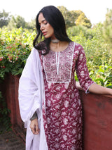 GULSHAN - FLORAL PRINT PURE COTTON STRAIGHT KURTA SET WITH MULMUL DUPATTA AND INTRICATE EMBROIDERY WORK