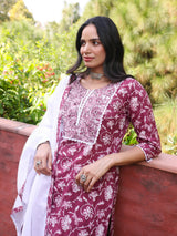 GULSHAN - FLORAL PRINT PURE COTTON STRAIGHT KURTA SET WITH MULMUL DUPATTA AND INTRICATE EMBROIDERY WORK