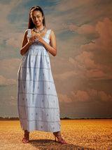 Sky Blue Abstract Print Handloom Cotton A-Line Maxi Dress