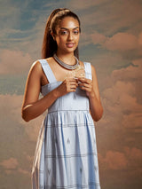 Sky Blue Abstract Print Handloom Cotton A-Line Maxi Dress
