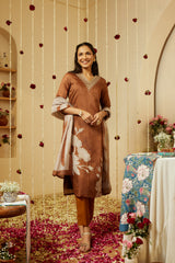 Mocha Brown Visakha Silk Kurti Set with Shantoon Pant & Chanderi Dupatta