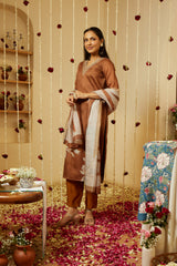Mocha Brown Visakha Silk Kurti Set with Shantoon Pant & Chanderi Dupatta