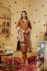 Mocha Brown Visakha Silk Kurti Set with Shantoon Pant & Chanderi Dupatta