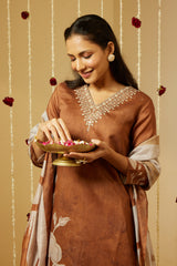Mocha Brown Visakha Silk Kurti Set with Shantoon Pant & Chanderi Dupatta