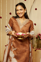 Mocha Brown Visakha Silk Kurti Set with Shantoon Pant & Chanderi Dupatta