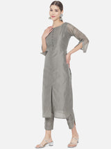 Grey Solid Tussar Linen Straight Kurta Set