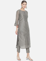 Grey Solid Tussar Linen Straight Kurta Set