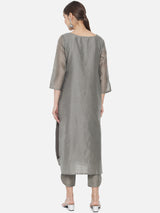 Grey Solid Tussar Linen Straight Kurta Set
