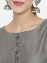 Grey Solid Tussar Linen Straight Kurta Set