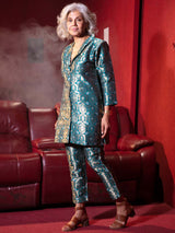 Turquoise Green Jacquard Banarasi Brocade A-Line Blazer With Pant