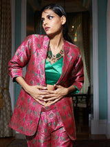 Dark Peach Jacquard Banarasi Brocade A-Line Blazer With Pant