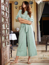 Green Abstract Handloom Cotton Straight Crop Top With Flared Pant