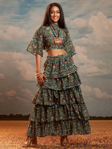 Dark Green Floral Print Musline Straight Crop Top With Flared Skirt
