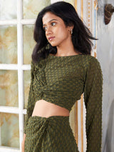 Dark Green Shifli Work Georgette Straight Crop Top With A-Line Skirt Co-Ord Set With Skirt