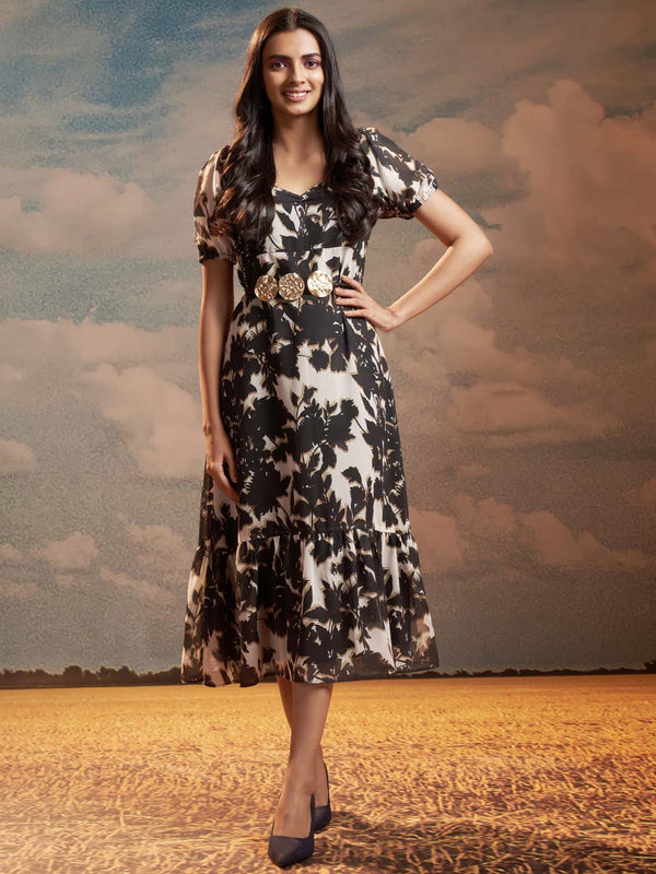 Black Floral Print Georgette Flared With A-Line Midi Dress