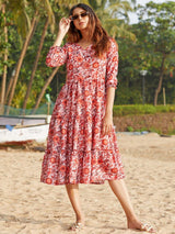 Orange Floral Print Cotton Blend Flared Midi Dress