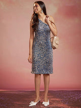 GREY AND BLUE ANIMAL PRINT POLY VISCOSE A-LINE MINI DRESS