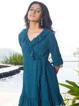 Teal Abstract Print Georgette Flared Mini Dress