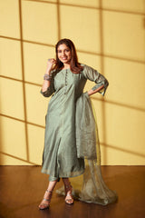 Grey Solid Tussar Linen Straight Kurta Set