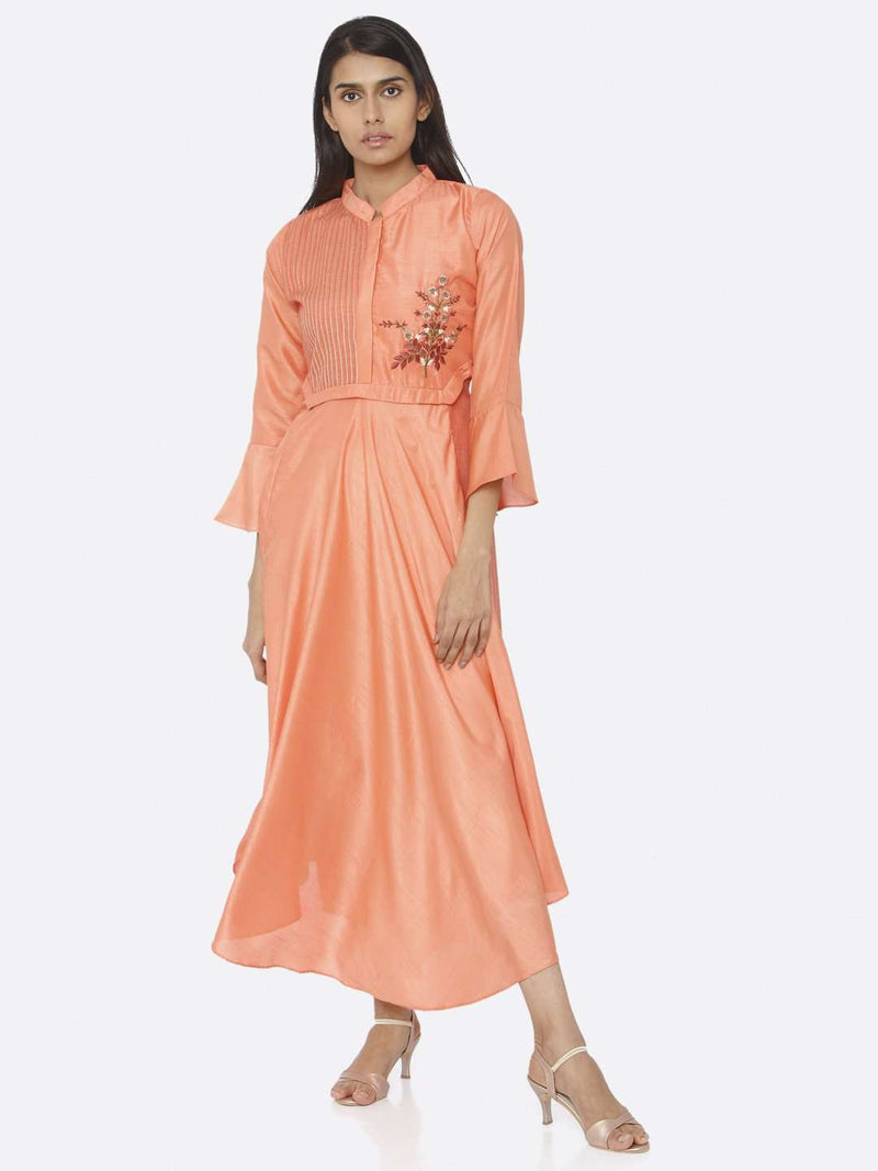 Coral Peach Embroidered Silk A-Line Maxi Dress | Rescue