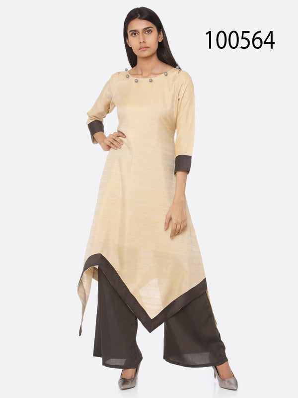 Beige Solid Upada Silk A-Line Kurti With Palazzo | Rescue