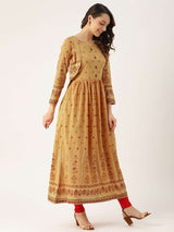 Mustard Printed Chanderi A-Line Jacket Style Dress | Rescue