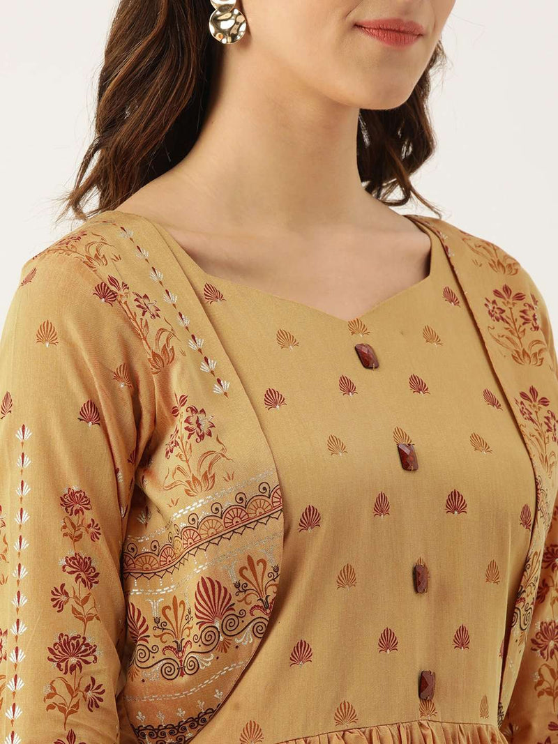 Mustard Printed Chanderi A-Line Jacket Style Dress | Rescue