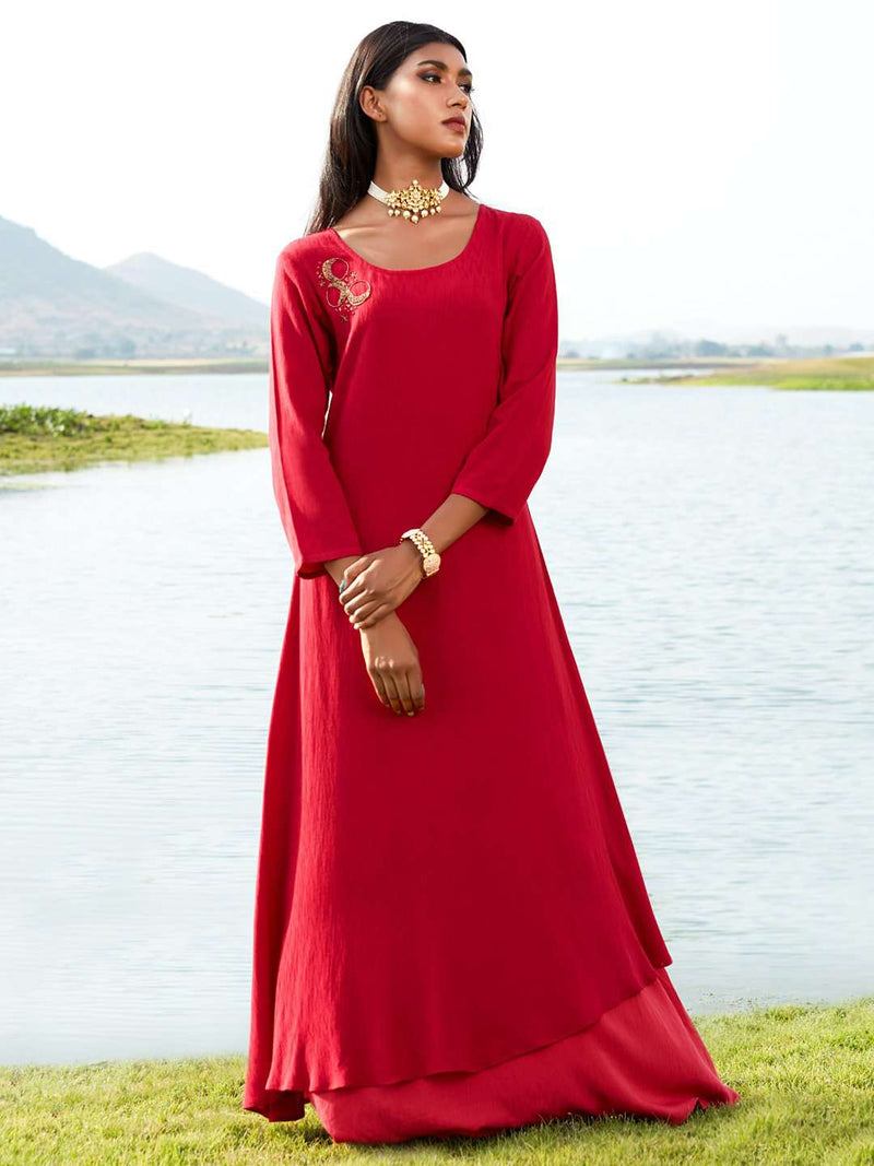 Red Embellished Viscose Liva A-Line Maxi Dress | Rescue