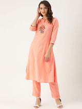 Peach Embroidered Cotton Straight Kurta With Pant | Rescue
