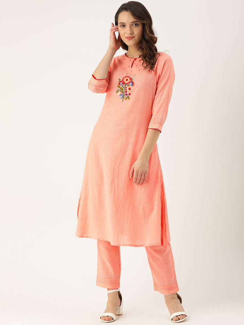 Peach Embroidered Cotton Straight Kurta With Pant | Rescue