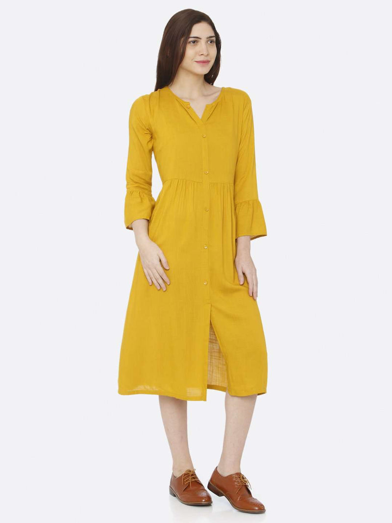 Mustard Plain Rayon Slub Dress | Rescue