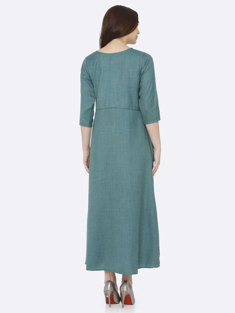 Green Embroidered Rayon Slub Dress | Rescue